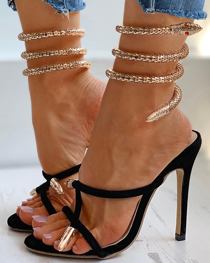 

Snake Decor Open Toe Stiletto Heel, Black