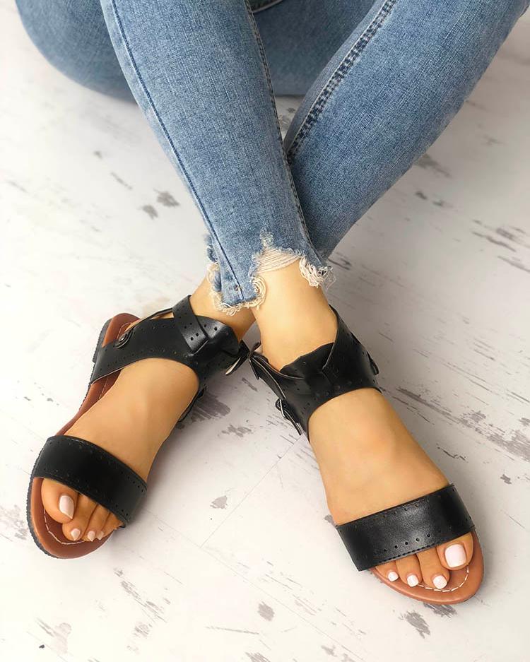 

Eyelet Buckled Single Strap Flat Sandals, Black