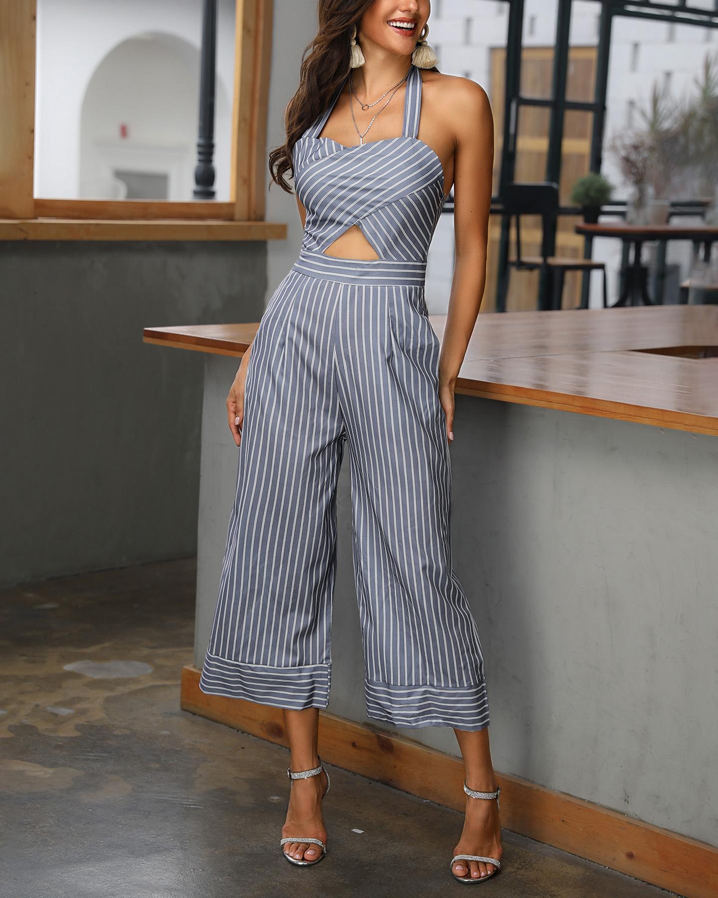 

Pinstriped Halter Cross Over Wide Leg Jumpsuit, Dark grey