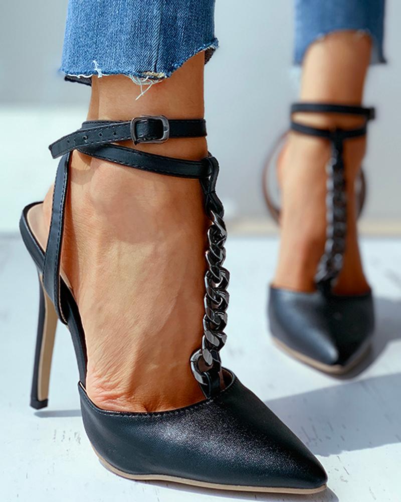 

Chain Design Ankle Strap Thin Heels, Black