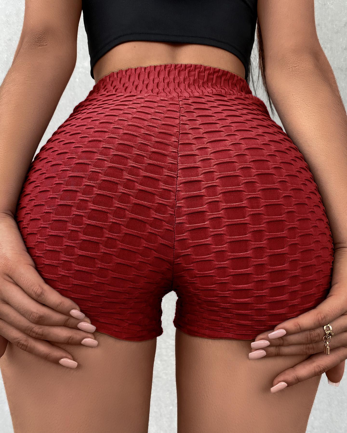 

High Waist Booty Shorts Butt Lifting Bubble Textured Yoga Shorts, Wine red