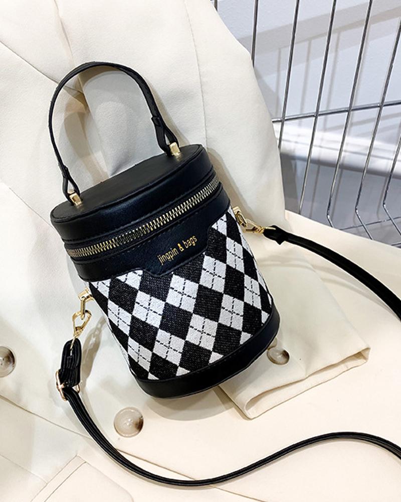 

Argyle Pattern Bucket Bag With Handle, Black