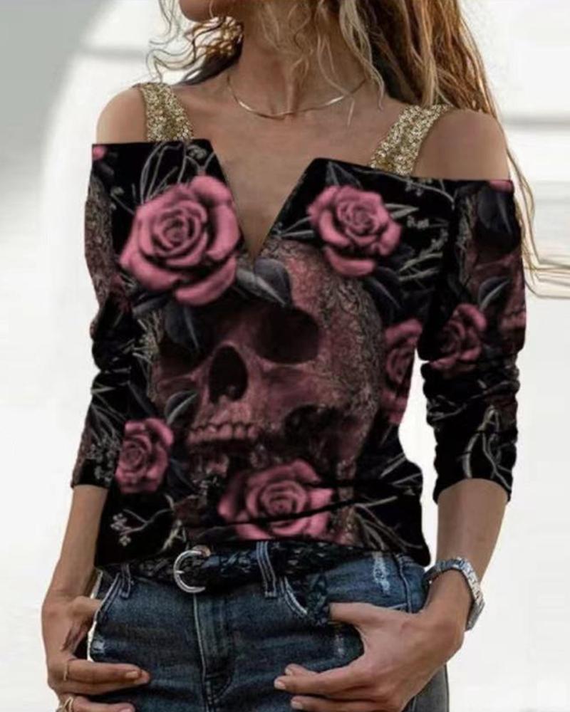 

Cold Shoulder V-Cut Rose Print Long Sleeve Blouse, Pink