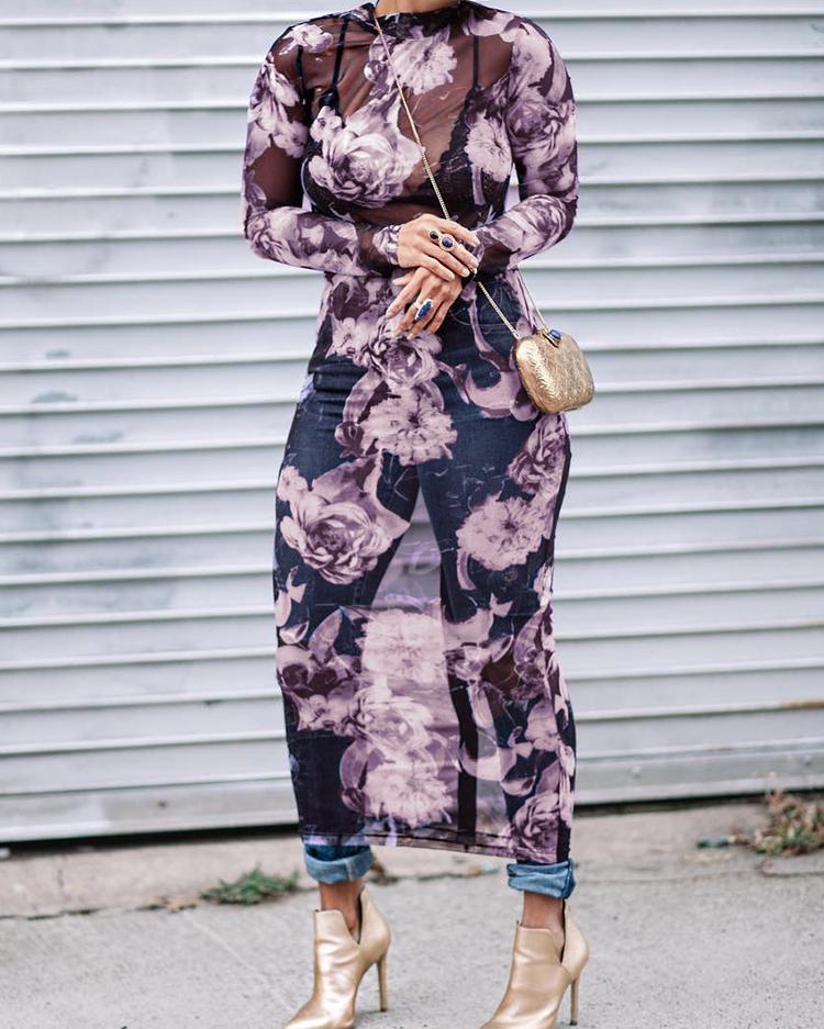 

Floral See Through Bodycon Midi Dress, Purple