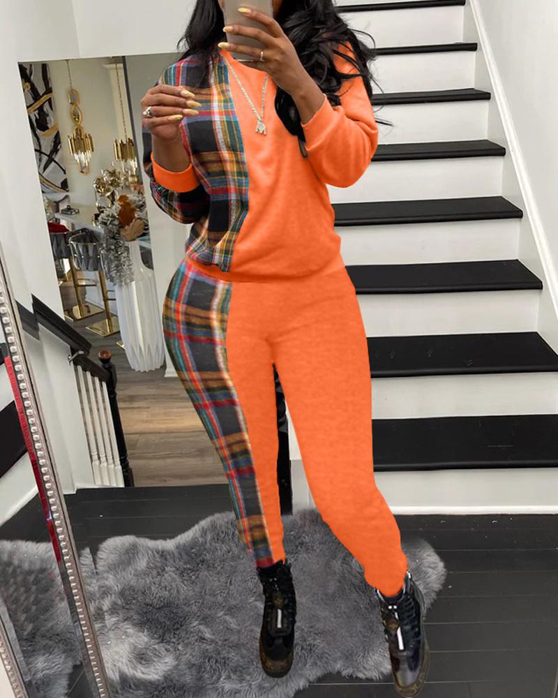 

Contrast Plaid Long Sleeve Casual Top & Pants Set, Orange