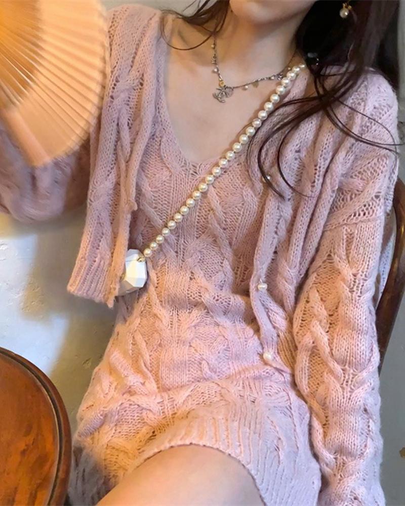 

Braided Long Sleeve Cardigan & V Neck Dress, Pink