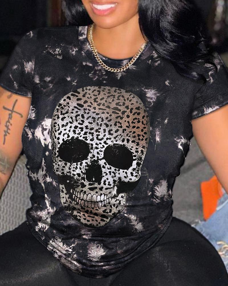 

Halloween Leopard Skull Print T-shirt, Black