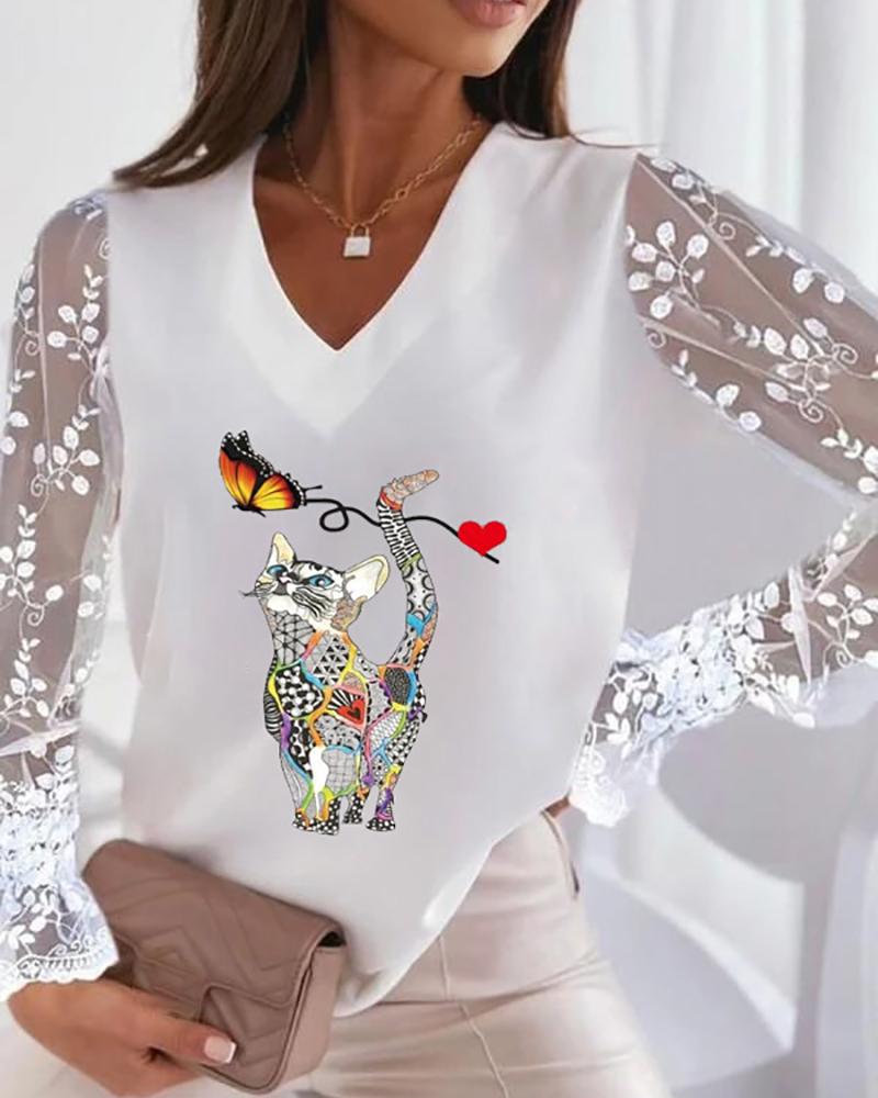 

Cat Butterfly Heart Print Lace Long Sleeve Top, White