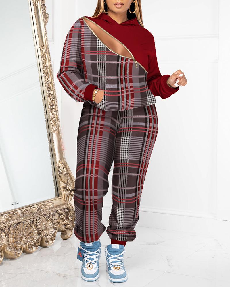 

Plaid Print Zip Detail Long Sleeve Hoodie & Pants Set, Red