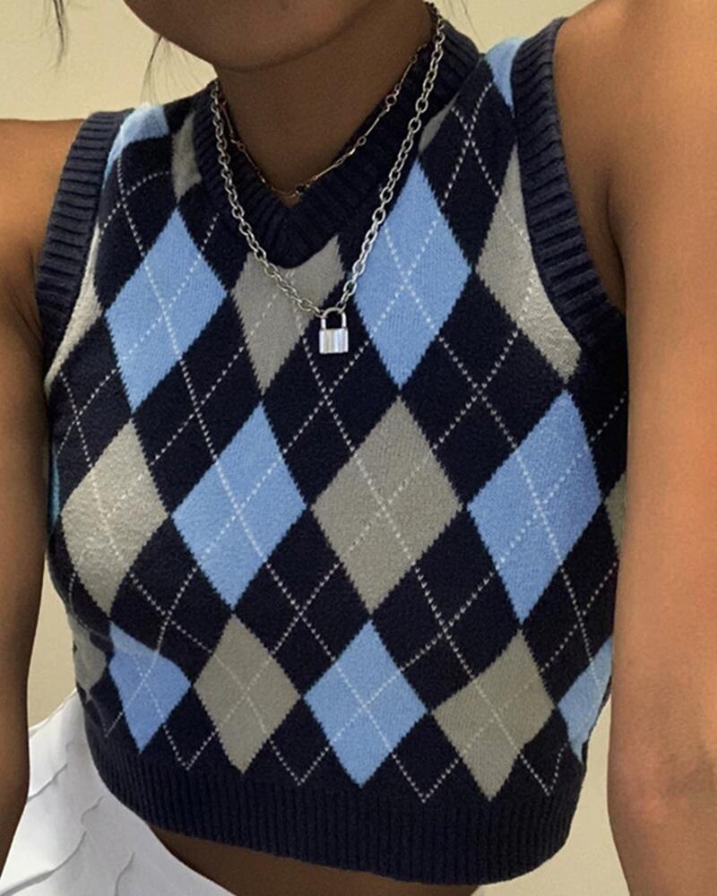 

Color Block Plaid Sleeveless Vest Sweater, Blue
