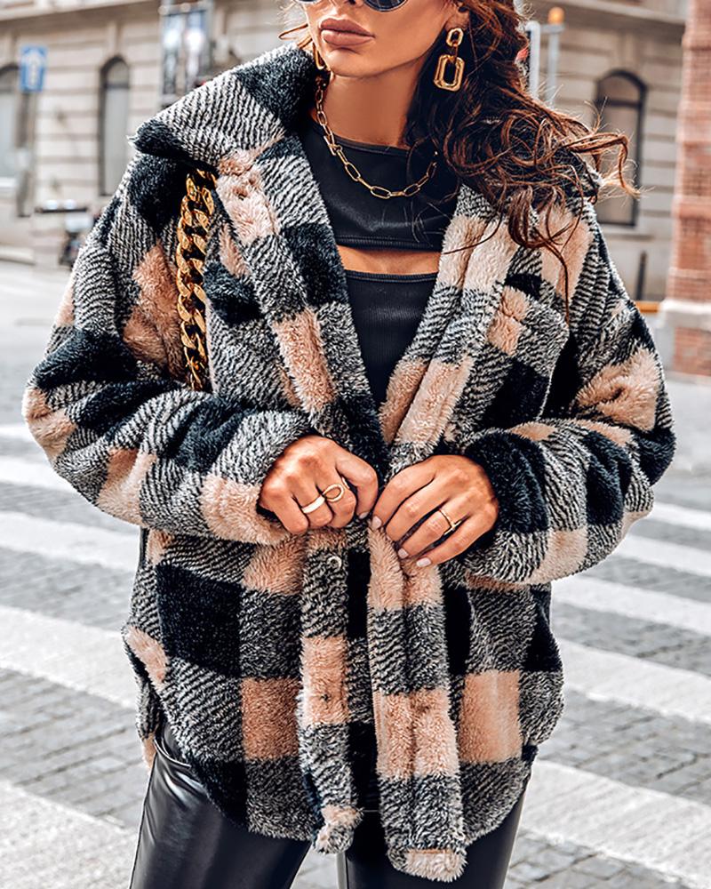 

Zipper Design Long Sleeve Plaid Teddy Coat, Khaki