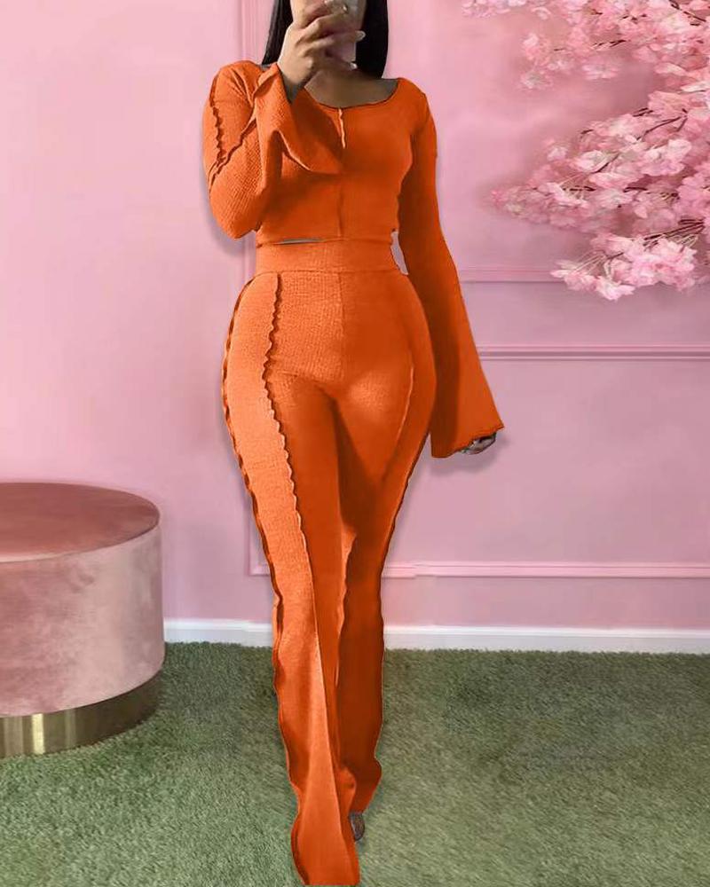 

Ribbed Bell Sleeve Crop Top & Pants Set, Orange