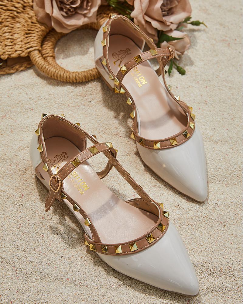 

Studded Pointed Toe Slip On Mules, Beige