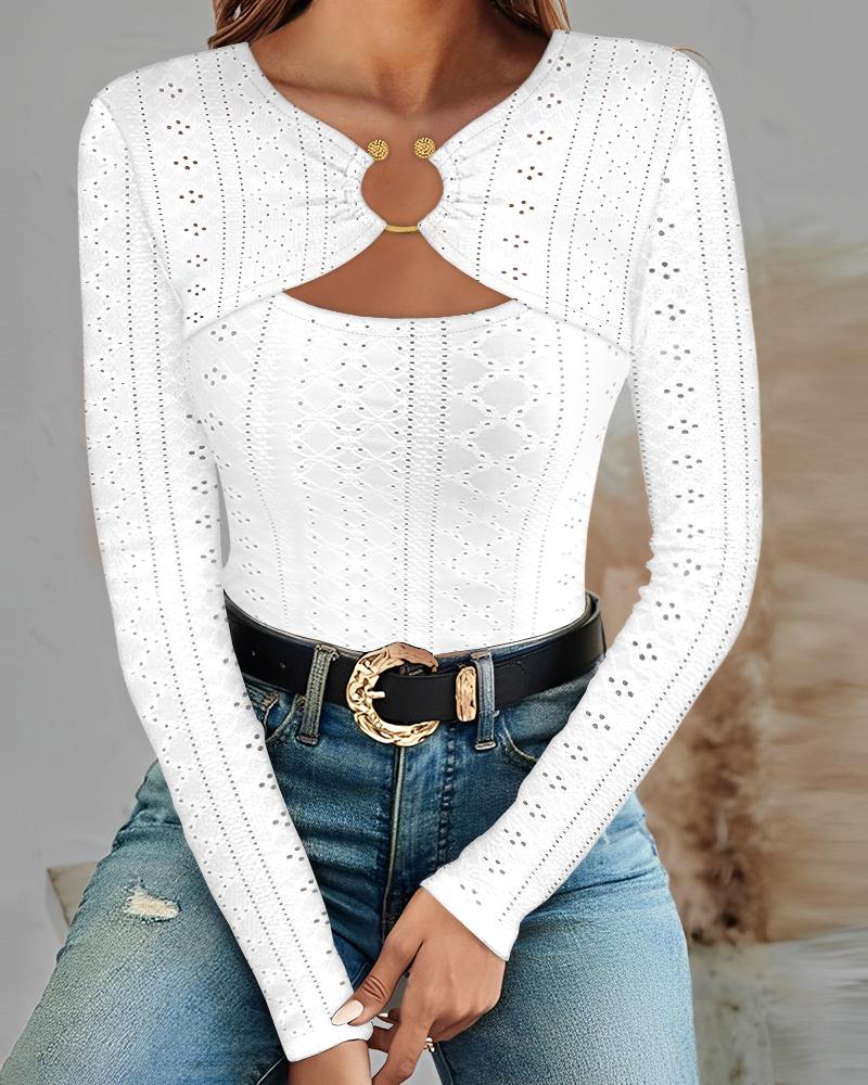 

Ring Decor Eyelet Embroidery Ruched Top, White