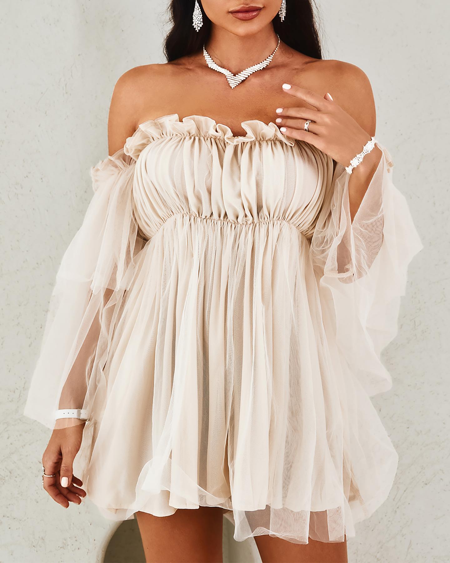 

Off Shoulder Frill Trim Sheer Mesh Swing Dress, Apricot