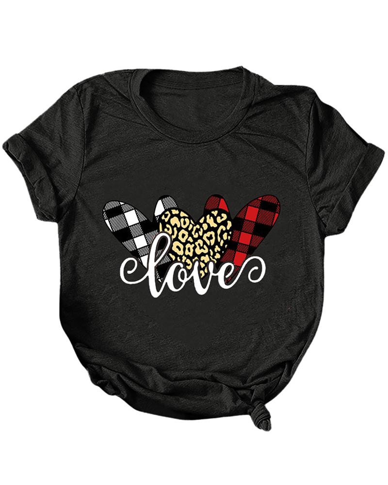 Valentine's Day Plaid Heart Cheetah Print Short Sleeve T-shirt