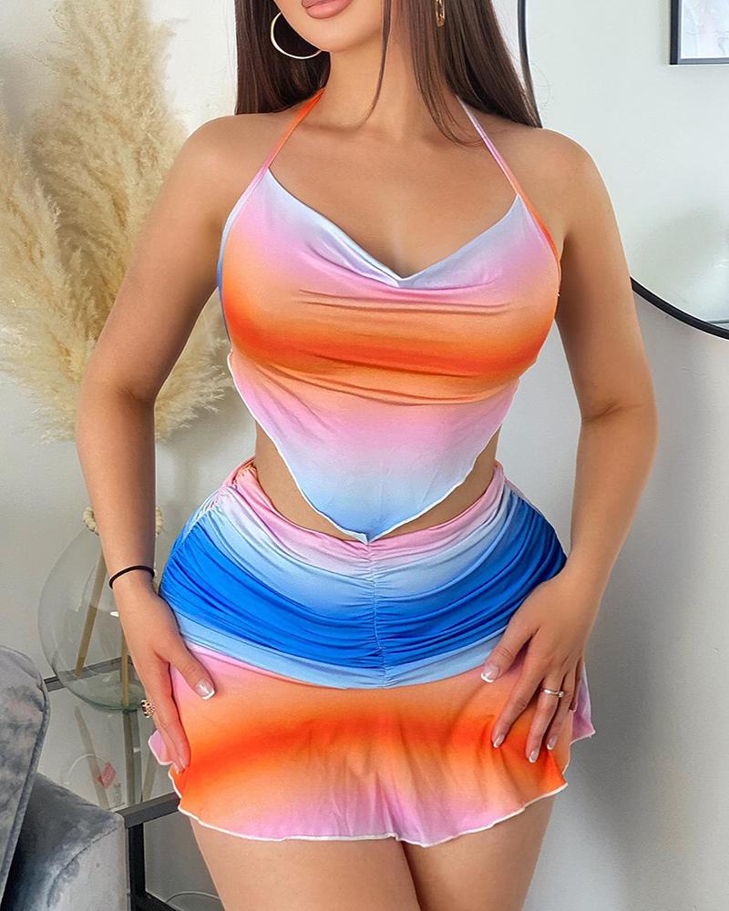 

Ombre Halter Crop Top & Ruched Skirt Set, Multicolor