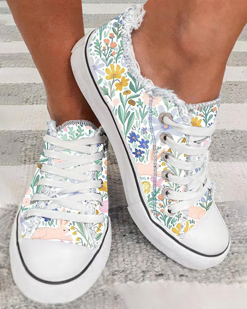 

Easter Floral Grass Print Fringe Hem Canvas Sneakers, Multicolor