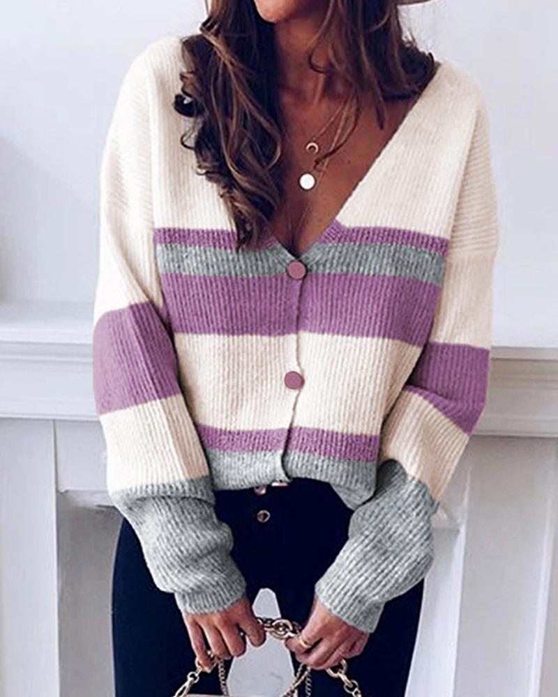 

Striped V-neck Knit Sweater Cardigan, Hot pink