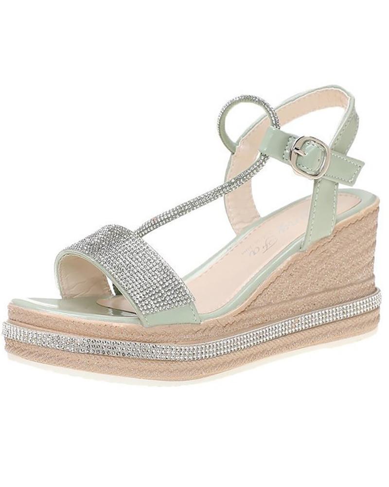 

Rhinestone Buckled Slingback Wedge Sandals, Green