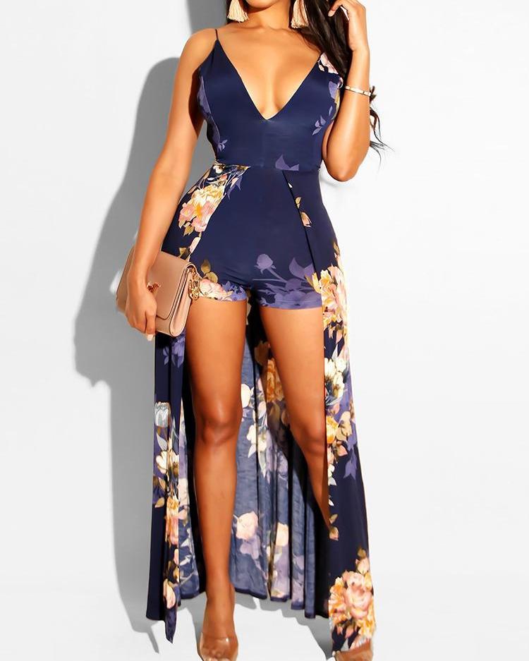 

Floral Print Plunge Dip Hem Romper, Blue