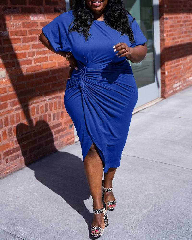 

Plus Size Short Sleeve Ruched Slit Casual Dress, Blue