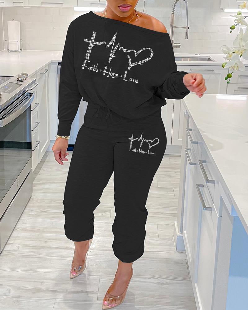 

Plus Size Rhinestone Faith Hope Love Heart Pattern Top & Pants Set, Black