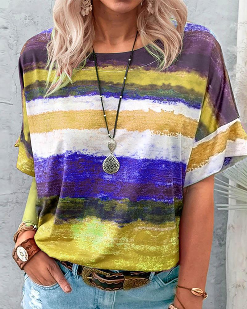 

Round Neck Colorblock Short Sleeve Casual T-shirt, Yellow