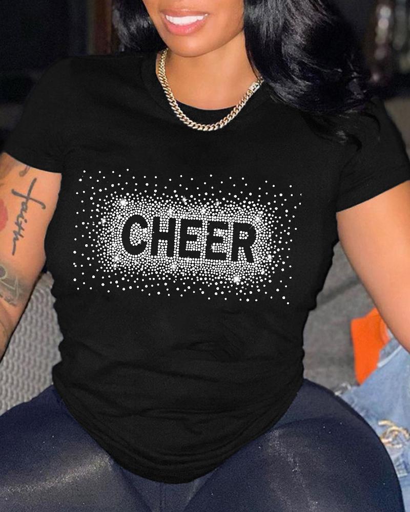 

Plus Size Rhinestone Letter Pattern Casual T-shirt, Black