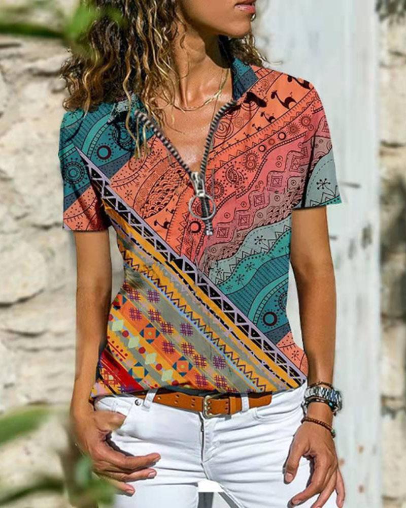 

Vintage Tribal Print Zip Front Casual T-shirt, Multicolor