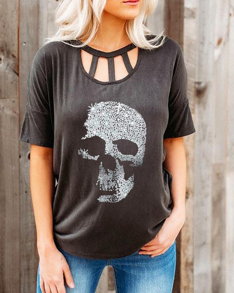 

Graphic Print Plain Cutout Casual T-Shirt, Black