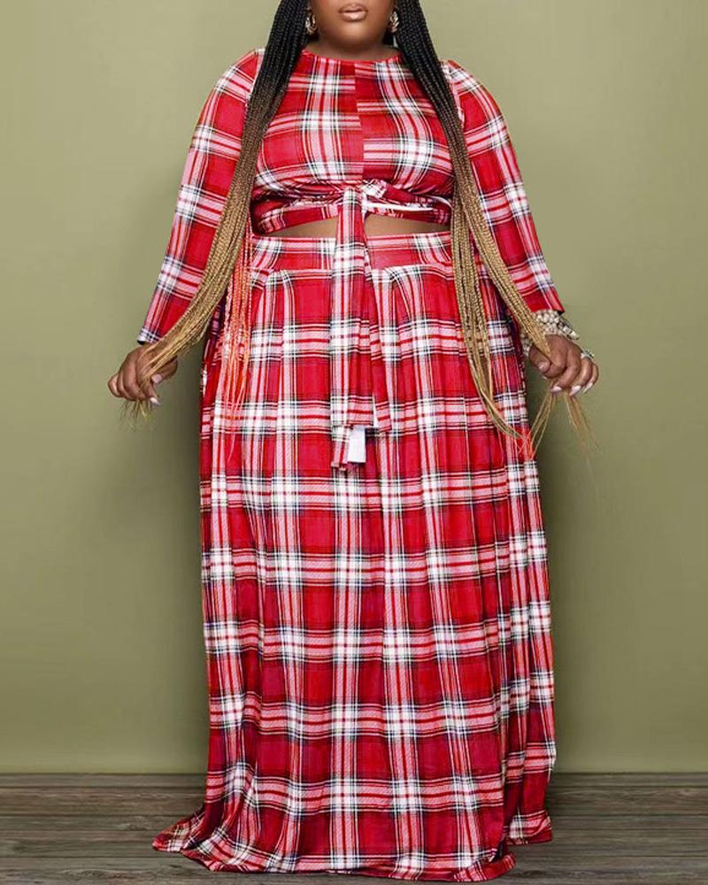 

Plus Size Plaid Print Tied Detail Crop Top & Skirt Set, Red