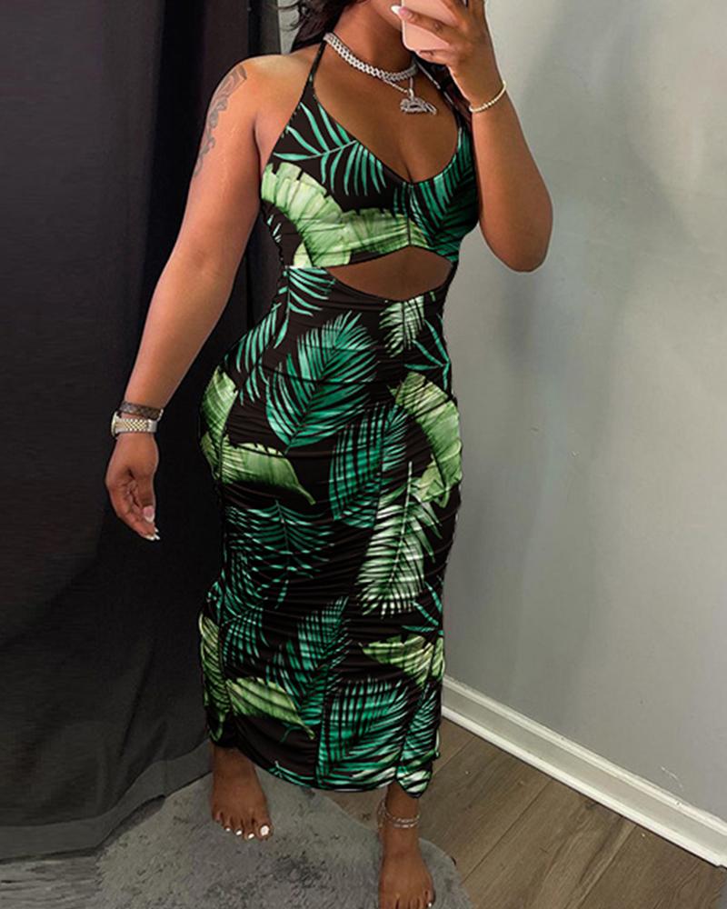 

Leaf Print Cami Ruched Slit Maxi Dress, Green