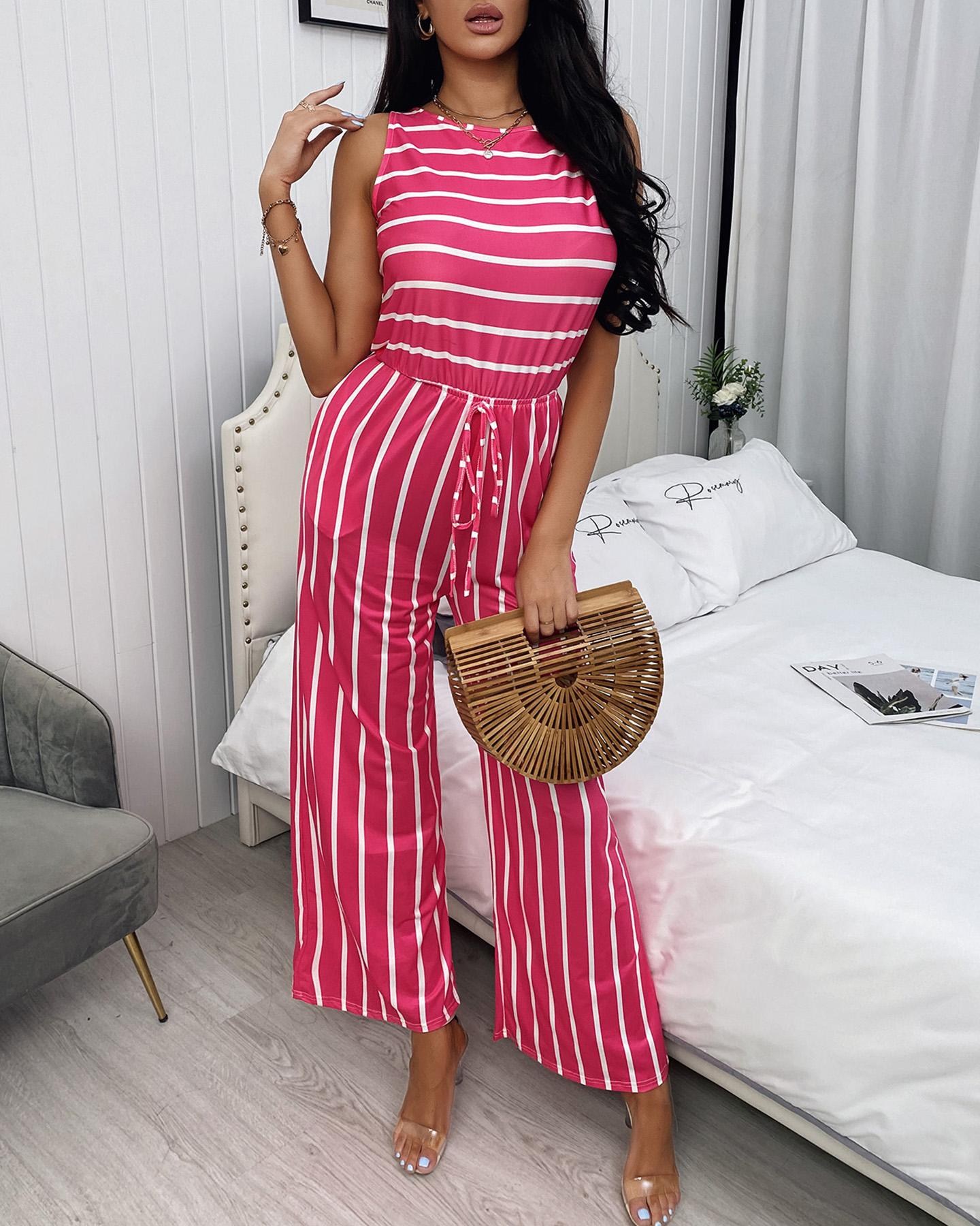 

Striped Print Sleeveless Wide Leg Jumpsuit, Red