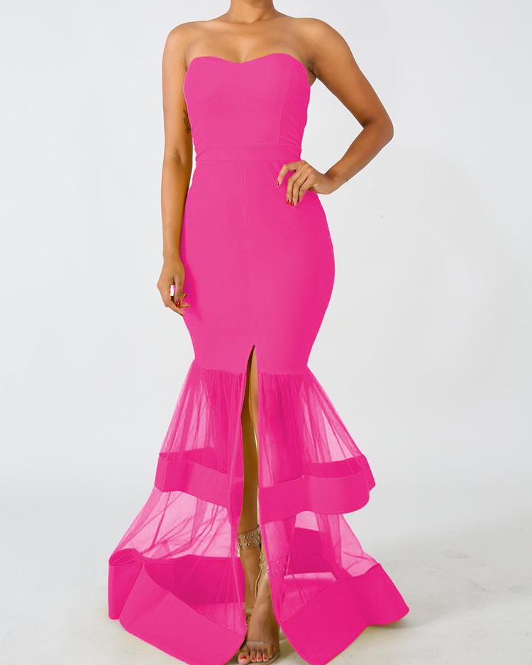 

Solid Strapless Split Mesh Mermaid Dress, Hot pink