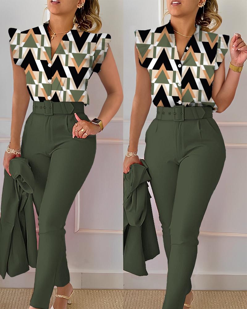 Geometric Print Flutter Sleeve Top & Pants Set With Belt