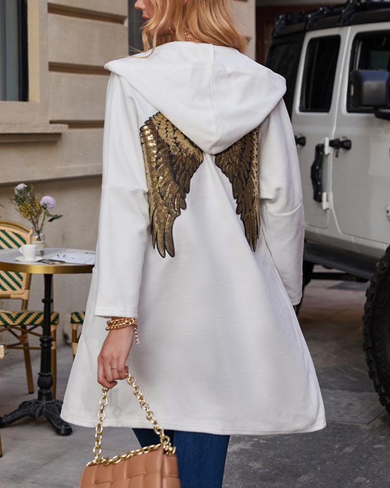 

Wing Print Longline Hooded Coat, Gold
