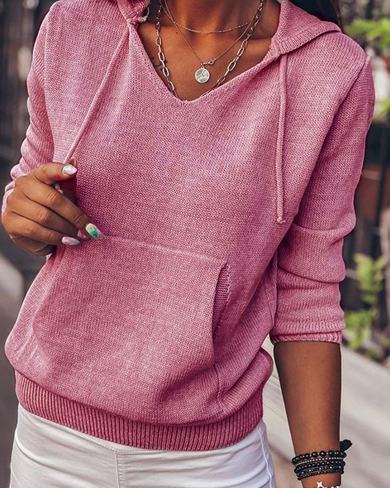 

Pocket Front Long Sleeve Hodded Knit Sweater, Pink