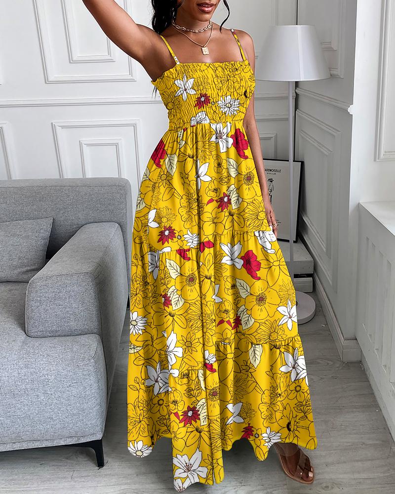 

Smoked Shirring Detail Ruched Floral Print Casual Maxi Dress, Yellow