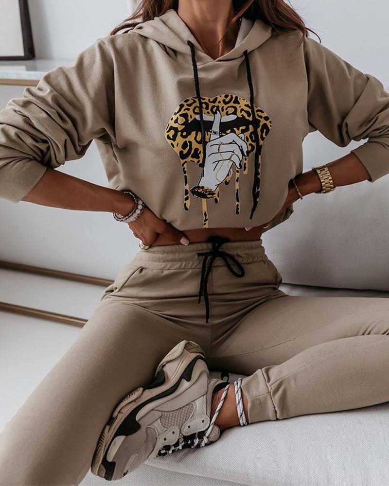 

Lip Slogan Print Drawstring Hoodie & Pants Set, Khaki
