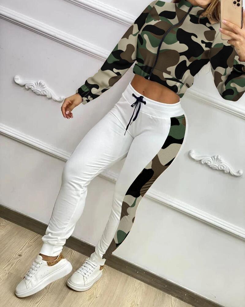 

Camouflage Print Zip Up Crop Top & Drawstring Pants Set, Camoflage