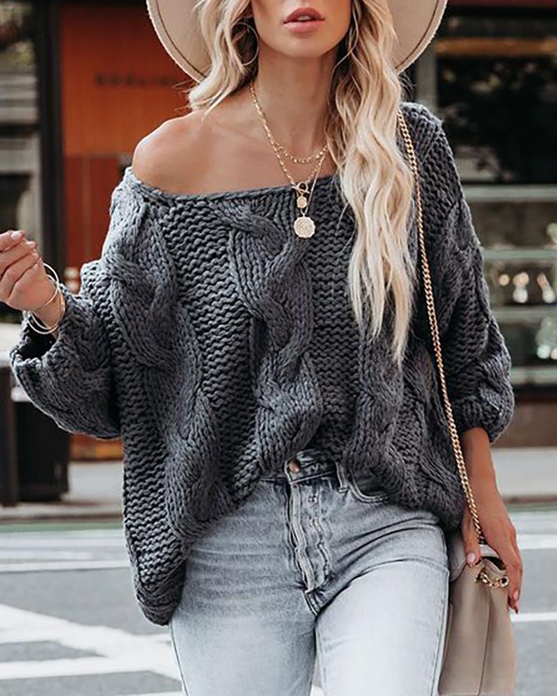 

Off Shoulder Long Sleeve Braided Knit Sweater, Gray