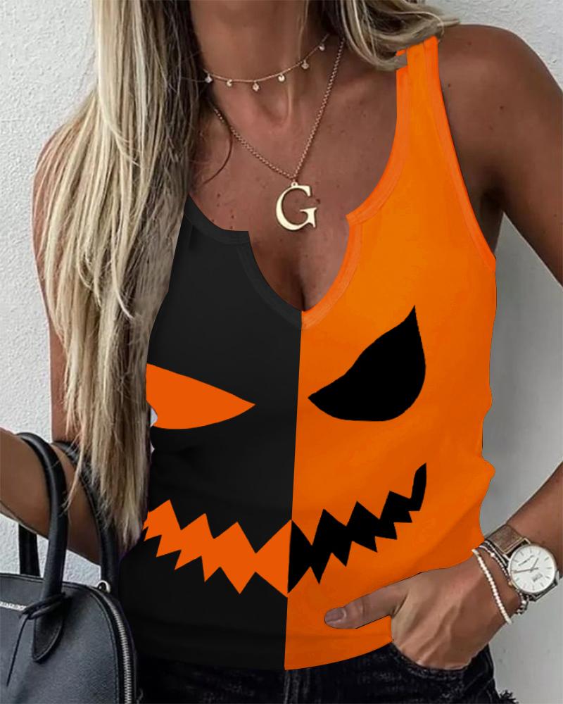 

Colorblock Pumpkin Scary Face Print Tank Top, Orange