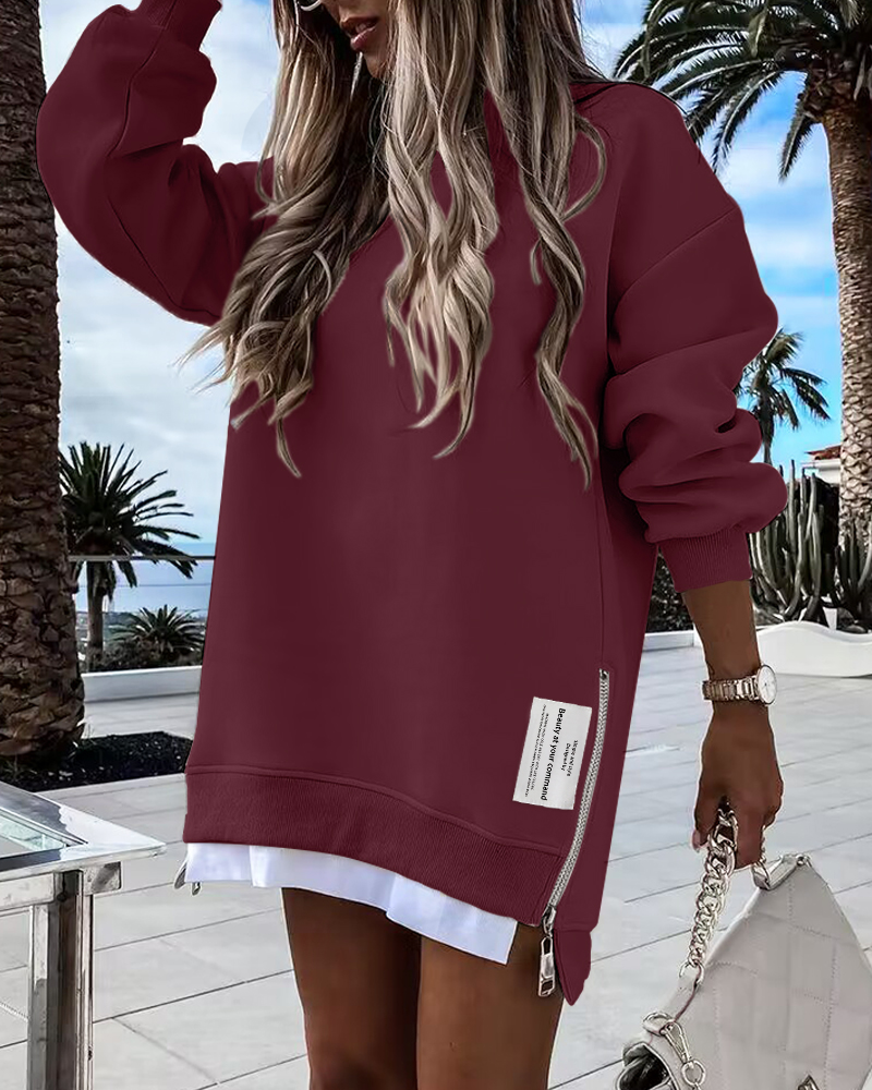 

Long Sleeve Zipper Slit Sweatshirt Dress, Wine red