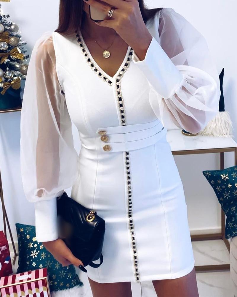 

Sheer Mesh Long Sleeve V-Neck Bodycon Dress, White