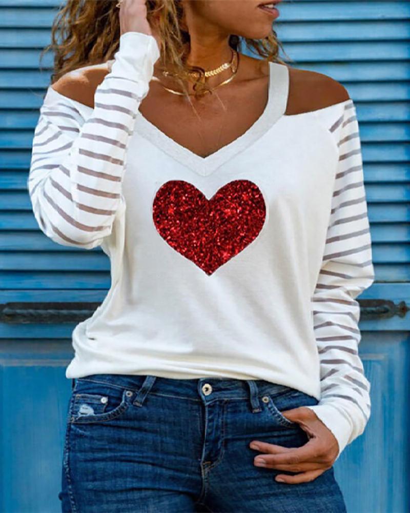 

Striped Heart Print Cold Shoulder Mesh Long Sleeve Top, White