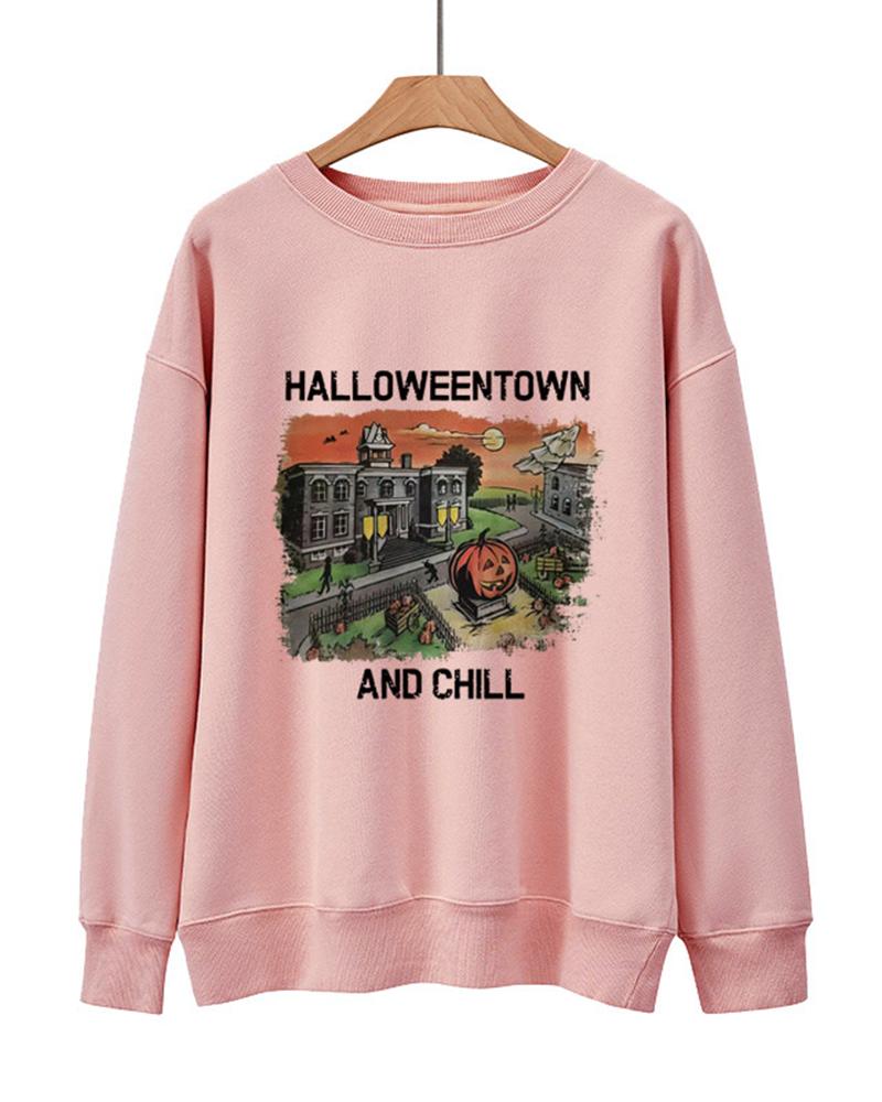 

Halloween Halloweentown And Chill Graphic Print Crew Neck Sweatshirt, Pink