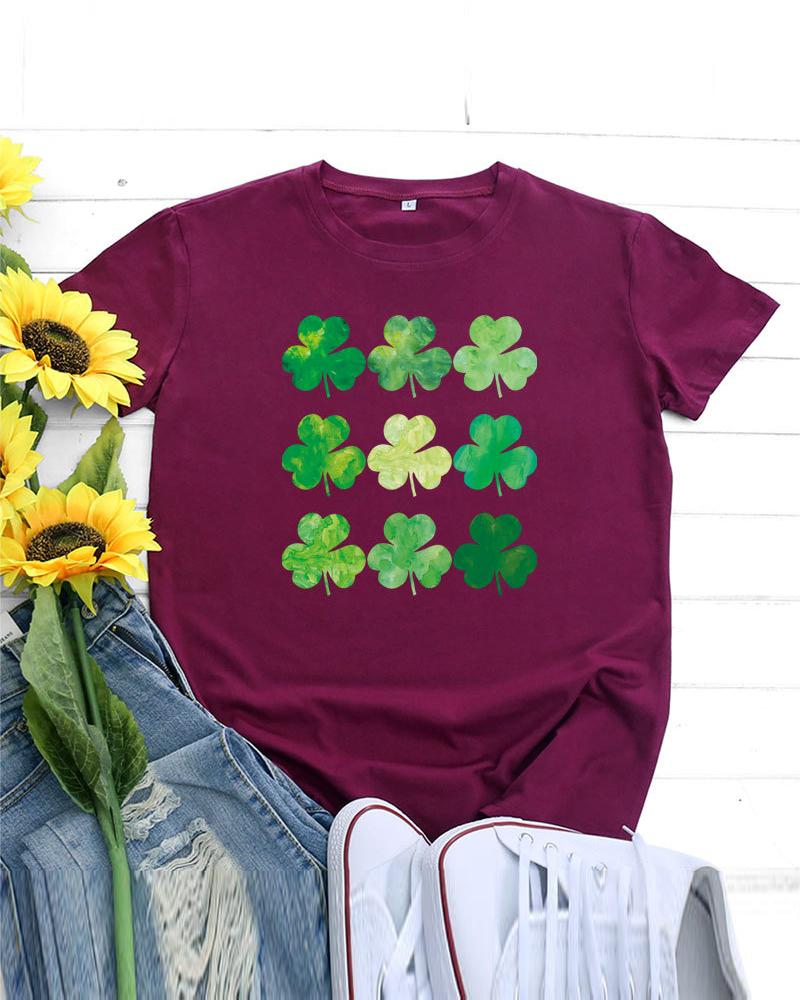 

St. Patrick' Day Clover Print Casual T-shirt, Wine red