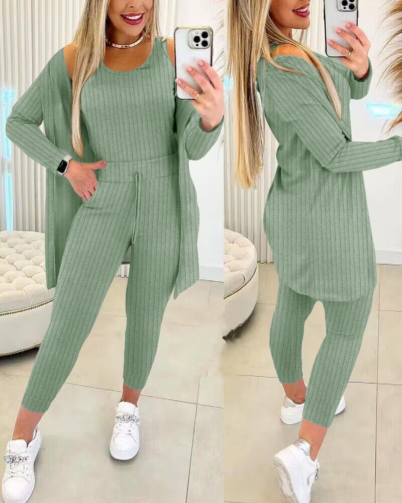 

Round Neck Ribbed Tank Top & Drawstring Pants Set, Green