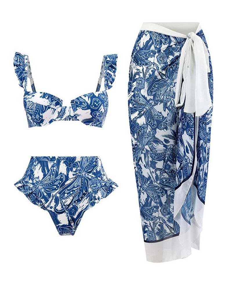 

3PCS Dragonfly Floral Print Ruffle Hem Bikini Set With Cover Up, Blue